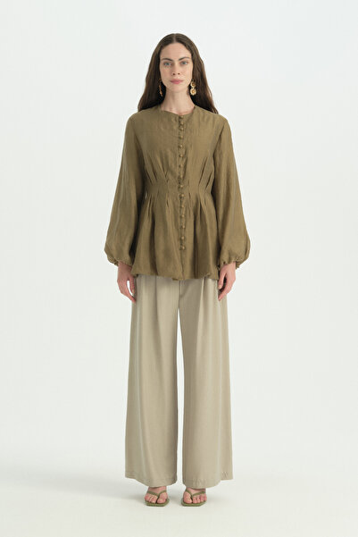 Nihan Beli Pensli Balon Kollu Tunik - Olive