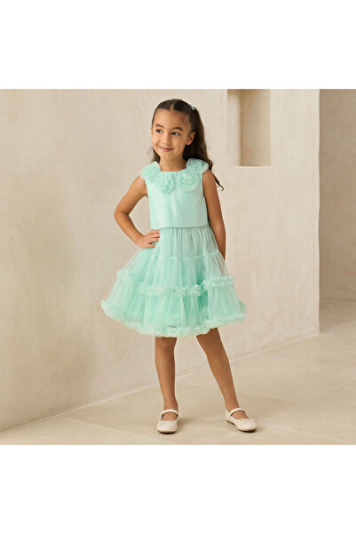 Juniors Round Neck Sleeveless Tiered Prom Dress with Floral Applique