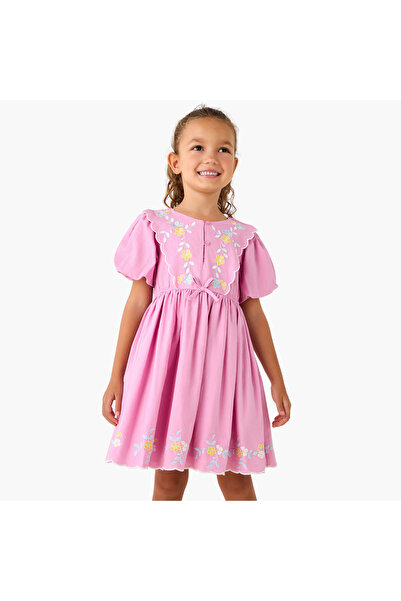 ELIGO Round Neck Balloon Sleeve Dress with Button Placket