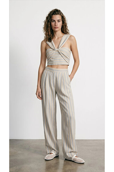Myra Stripe Detailed Linen Trousers-Natur