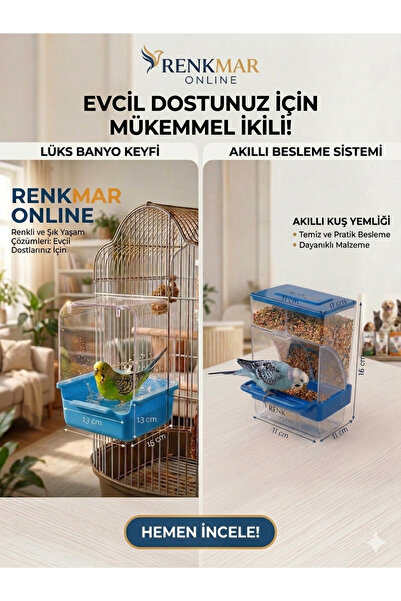 renkmar Blue Smart Feeder and Blue Bath Basin for Lovebirds Canaries Finches ...