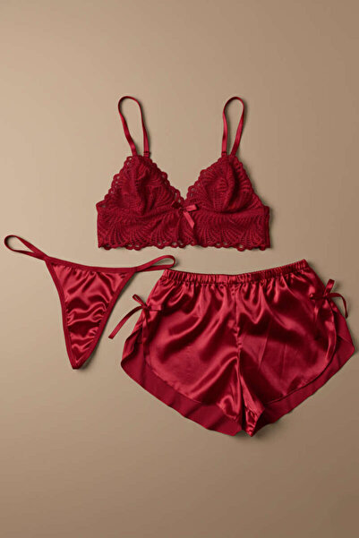 merve ada design Dantel Bralet Saten Şort & Tanga Pijama & 3'lü Pijama Takım