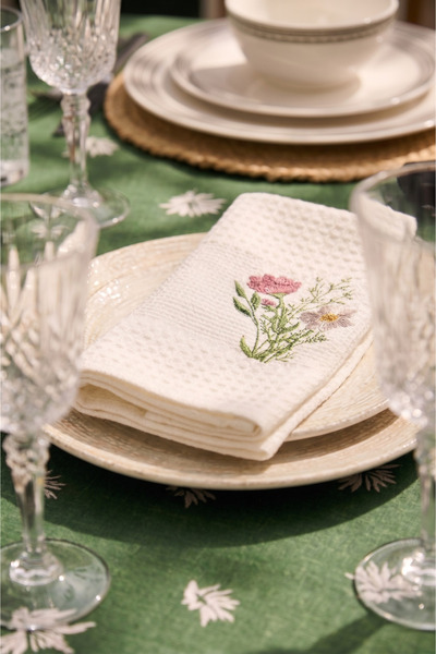 Nilteks 4-Piece 100% Cotton Ecru Kitchen Napkin Tableware Set with Bouquet - 40X60 cm |   Real Dried Flower Gift Set