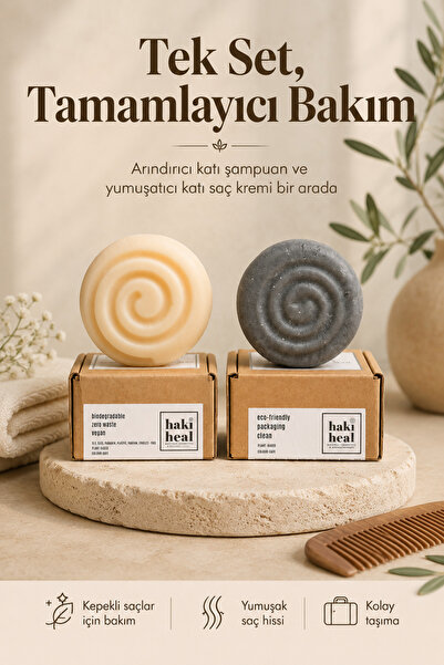Haki Heal Saf Doğal Katı Saç Kremi Katı Şampuan Kepeğe Karşı Etkili 2 li Set