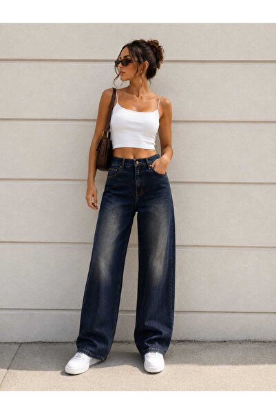 ZÉRIA Kadın Likralı Kahve Tint Palazzo Jean Pantolon Yüksek Bel Wide Leg Bol ...