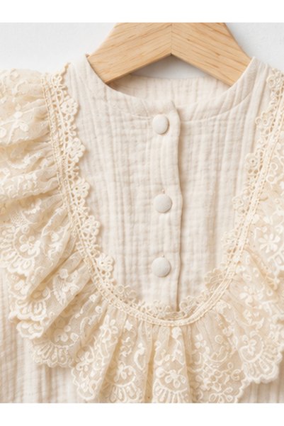 Pugi Baby Muslin Lace Detailed Baby Girl Jumpsuit Hat Blanket Set
