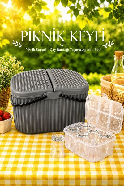 LİGROUND 30 Litre Renkli Büyük Kulplu Kapaklı Piknik Sepeti Piknik Seti Çay B...