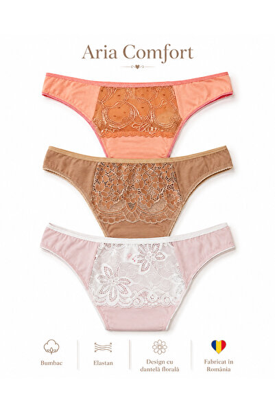 Aria Comfort Set 3 Chiloți Tanga Damă cu Dantelă Florală – Bumbac, Multicolor...