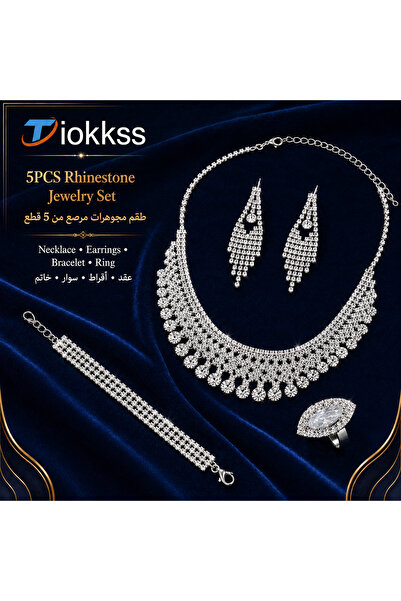 Tiokkss 5pcs Rhinestone Jewelry Set for Women, Silver Necklace Earrings Brace...