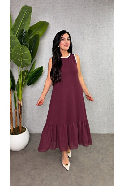 Efnaz style فستان نسائي طويل من الفيسكوز بخيوطين، بياقة دائرية وتفاصيل من الش...