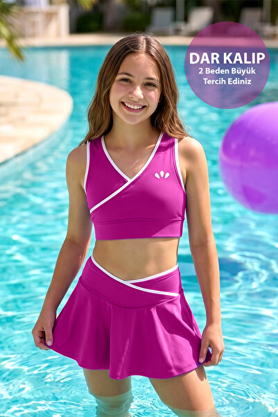 Haliç Mayo Girls' Swimsuit with Piping Detail, Zero Sleeve Top, Shorts and Sk...