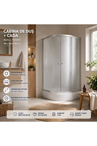 TEKZEN Cabină de duș semirotundă cu cădiță acrilică, sticlă tip buzlă, 90 x 90 x 195 cm,