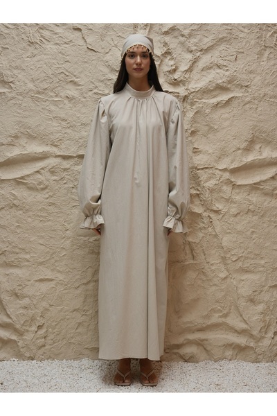 KÜÇÜĞÜM BUTİK Cream Linen Casual Long Sleeve Dress