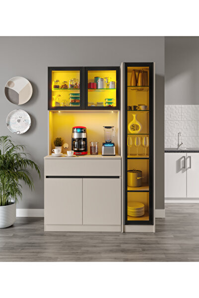 GuneyStore Lora Kum Beji Midi Sağ Vitrinli Komple MDF LED Aydınlatmalı Kahve ...