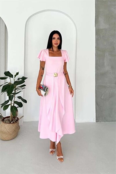 Dipmoda Rochie midi roz pentru femei, cu volane, cataramă aurie și curea DPK088