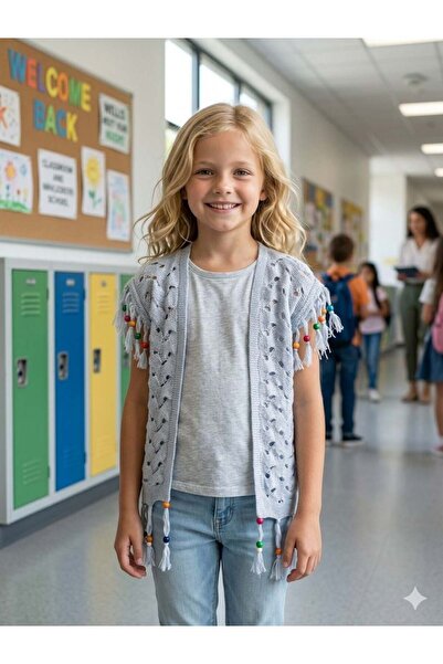 Hilal Akıncı Kids Devojčin ažurni pleteni prsluk sa šarenim perlama i detaljn...