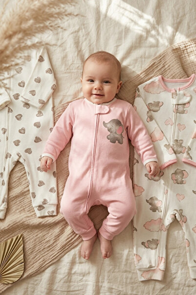 PMS Lullaby Soft Kız Bebek 3'lü Pamuklu Fermuarlı Tulum Seti - Pembe Fil ve K...