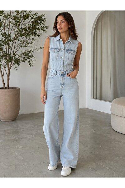 viking's line Buz Mavi Sıfır Kol Kadın Kot Denim Tulum