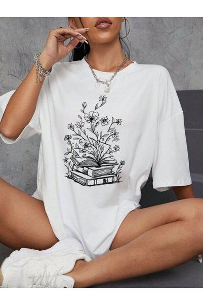 vorena Oversize Printed White Women's T-Shirt