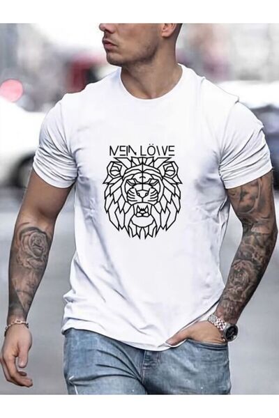 COZYWEAR Geometric Lion Printed White T-Shirt