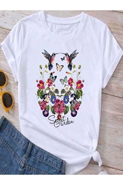 COZYWEAR Flower and Bird Pattern Printed White T-Shirt