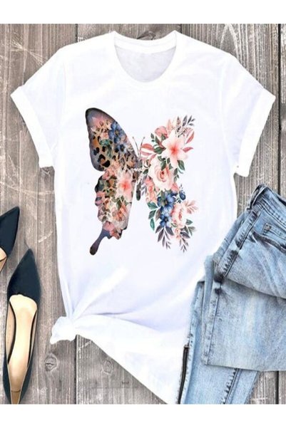 vorena Flower and Butterfly Patterned White T-Shirt