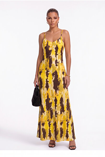 TLG TLG GİYİM Women's Dubai Yellow Brown Patterned Satin Dress