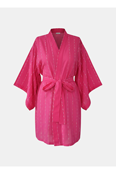 Magic BAlance Fuşya Çizgili Keten Kadın Kimono | 888Balance