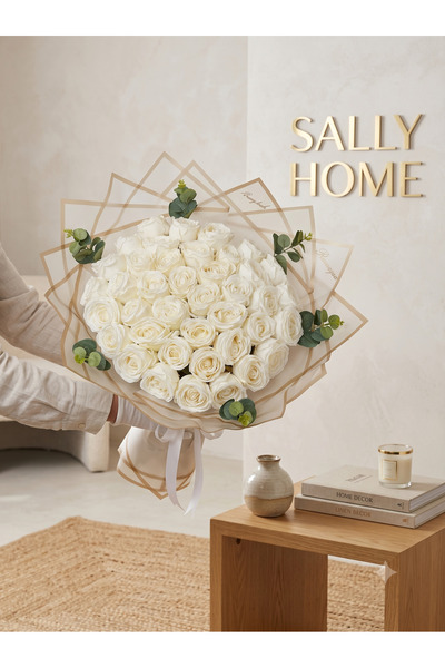Sally Home İsim Yazılı Özel Kutulu 41'li Krem Gül Buketi - Gelin, Mezuniyet & Sevgiliye Hediye