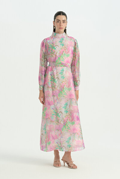 Nihan Shoulder Buttoned Belted Dress - Pink