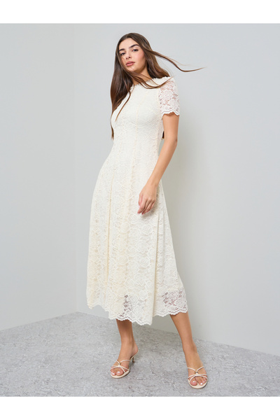 Styli Cream Lace A-Line Midi Dress with Embellishment