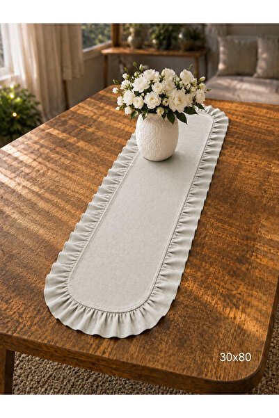 ŞAH TEXTILE DESIGN 30x80 su yeşili sık fırfırlı oval runner, konsol örtüsü