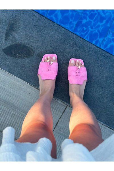 ERVANIN BUTİĞİ Pink Suede (Kless) Buckle Detail Women's Slippers