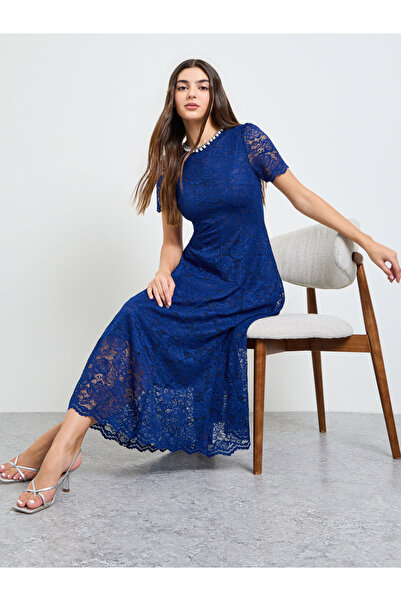 Styli Blue Lace A-Line Midi Dress with Embellishment