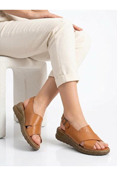 Lütfi Women's Tan Inner and Outer Genuine Leather Orthopedic Soft Sole Daily ...