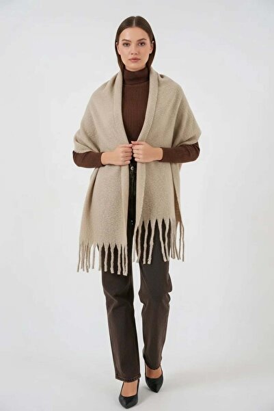 ALFA AKSESUAR 03 Women's Fringed Knitwear Light Beige Shawl