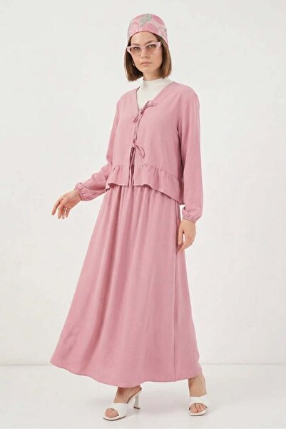 ALFA AKSESUAR 03 Women's V-Neck Gathered Waist Floral Patterned Pink Double Set