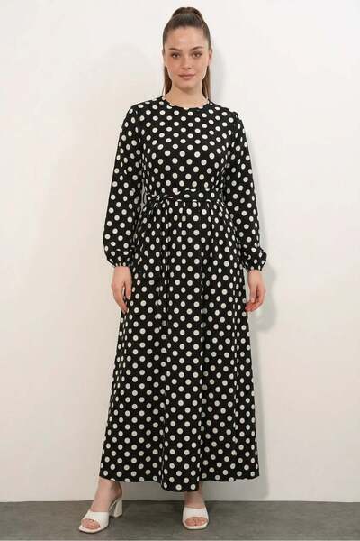 Generic Brand Women's Round Neck Belted Polka Dot Black Dress