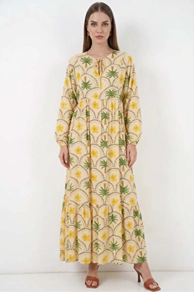 ALFA AKSESUAR 03 Women's Round Neck Standard Floral Patterned Viscose Yellow ...