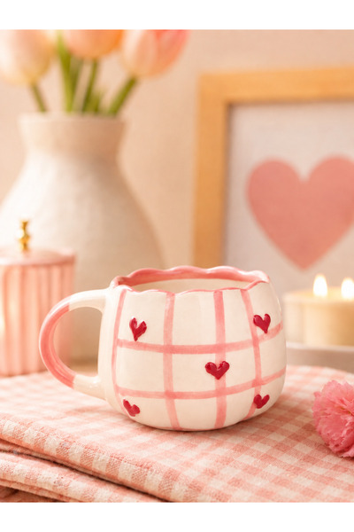 Kotium Ceramics Pink Line Heart Patterned Mouth Wave Detail Custom Embossed F...