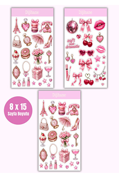 dijihane Coquette Pembe Estetik Sticker Seti 8x15 cm | Fiyonk, Kalp, Cherry v...