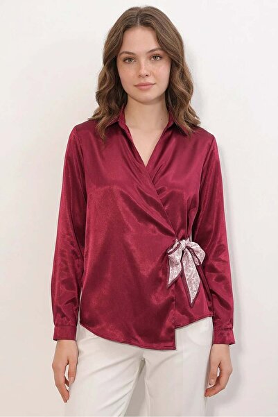 Generic Brand Women's Belted Double-Breasted Satin Burgundy Shirt
