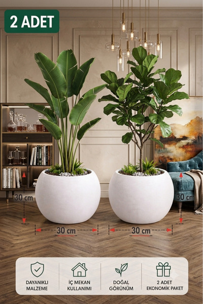 UcuzzAVM İkili Set Küre Model Beyaz Plastik Saksı - Büyük Boy Salon Ve Balkon...