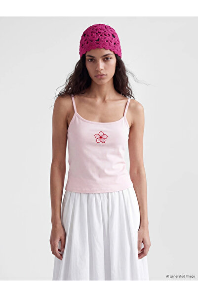 LC Waikiki Pink U-Neck Embroidered Rope Strap Women's Undershirt