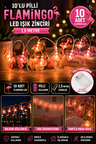 Hane Dostu 10'lu Pilli Flamingo LED Işık Zinciri 1,5 Metre Dekoratif Oda Balk...