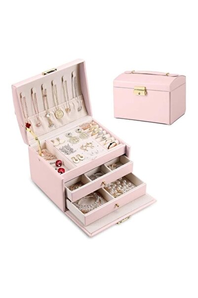 İthal 3-Layer Pink Leather Outside and Velvet Inside Jewelry Box Jewelry Orga...