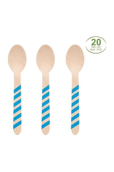 OEM Linguri din Lemn cu Mâner Bleu Dungat 16 cm, Set 20 buc, pentru Mese Festive