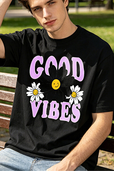 Fleck Casual Style T Shirts For Men Good Vibes With Daisy Flowers And Smiley ...
