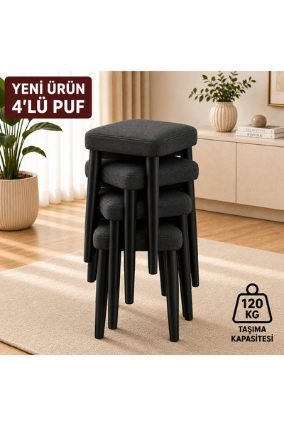 EDMONDA EV AKSESUAR KARE 4LÜ PUF TAKIMITABURE BENCH MAKYAJ SANDALYESİ SİYAH AYAK