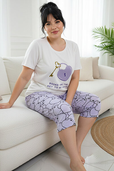 Siyah İnci Patterned Cotton Plus Size Oversized Knitted Capri Pajama Set